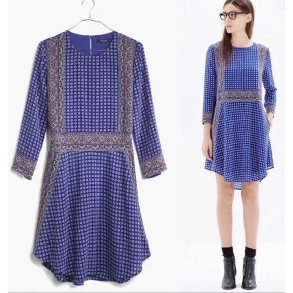 Madewell Dresses & Skirts - Madewell Ascot Blue Grid Pattern Silk Mini Dress Women Sz M